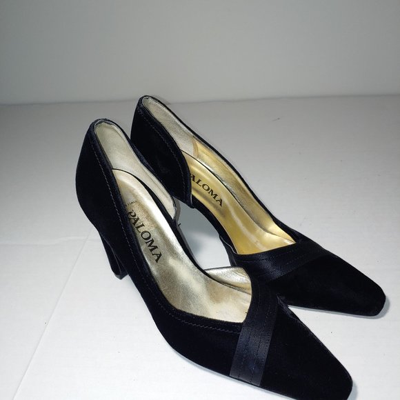 Vintage Paloma Black Suede Velvet Classy Chic Heels Size 8 - Picture 1 of 9